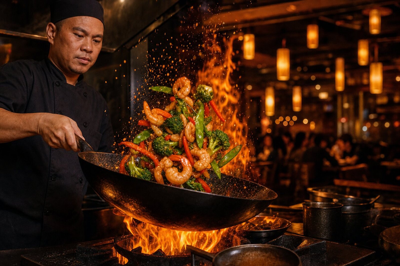 Chef flambant un wok de crevettes et légumes frais dans la salle du restaurant OWOK & Rolls